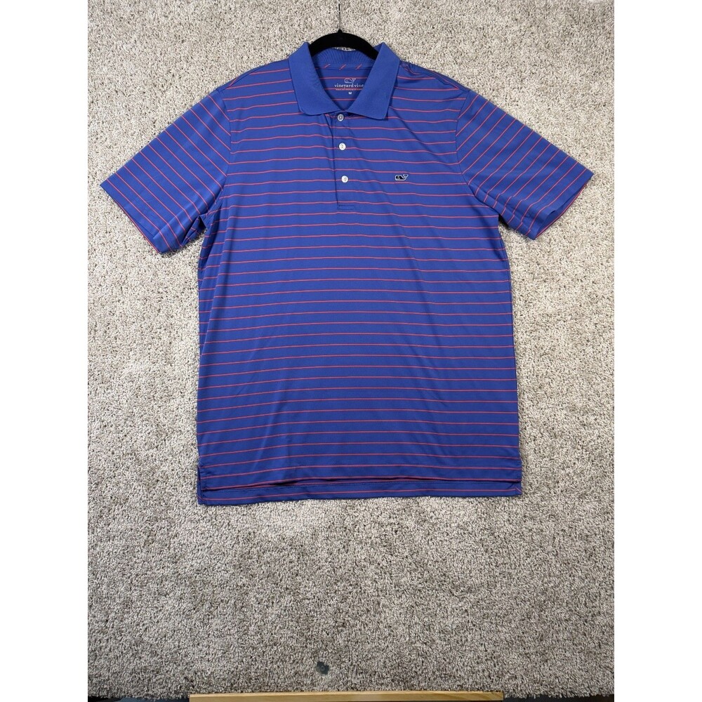 Vineyard Vines Men's Medium Performance Polo Blue Red Striped Golf Stretch Shirt